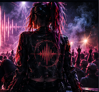 Artist facing an energized live music crowd in crimson and violet stage lights